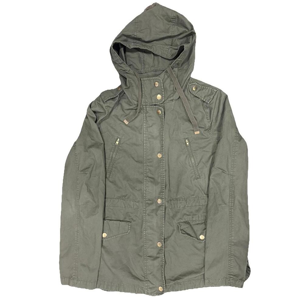 Love Tree Army Green Cargo Jacket Hooded Zipper Pockets Large Streetwear Casual